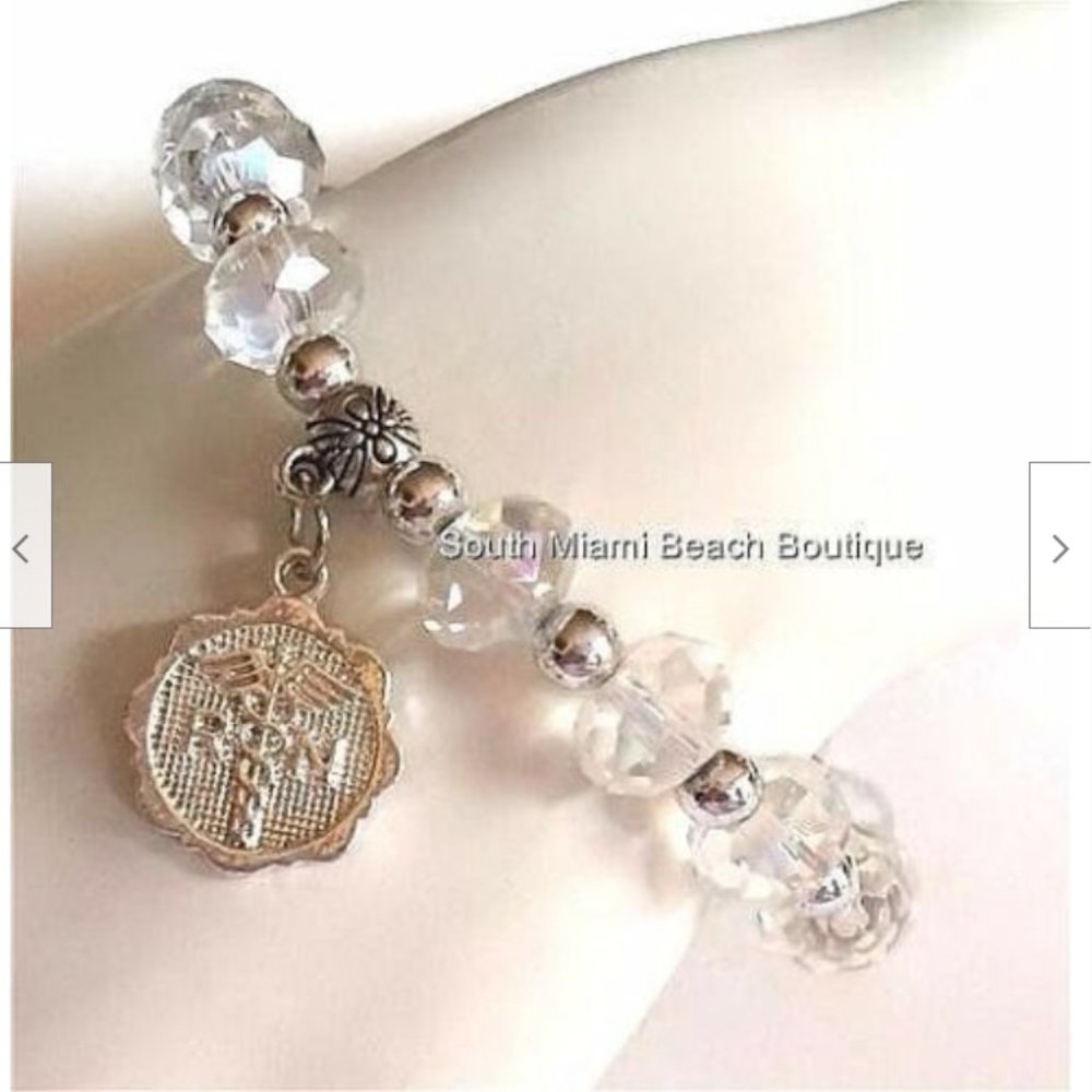 Silver RN Nursing Caduceus Charm Bracelet Glass Nursing Graduation Gift Plated